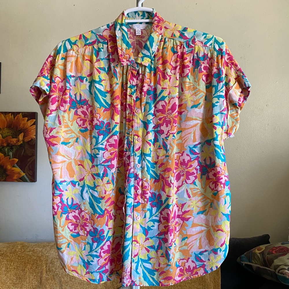 Floral Linen Blend Multicolor Camp Shirt Size L
